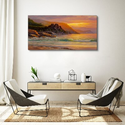 Tableau sur toile Coucher de soleil sur la côte montagneuse