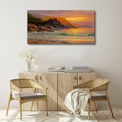 Tableau sur toile Coucher de soleil sur la côte montagneuse