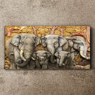 Tableau toile imprimée Une famille d'éléphants dans un paysage forestier