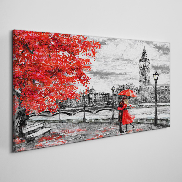Tableau toile imprimée Parapluie rouge sous la pluie à Londres