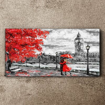 Tableau toile imprimée Parapluie rouge sous la pluie à Londres