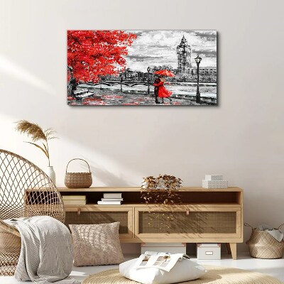 Tableau toile imprimée Parapluie rouge sous la pluie à Londres