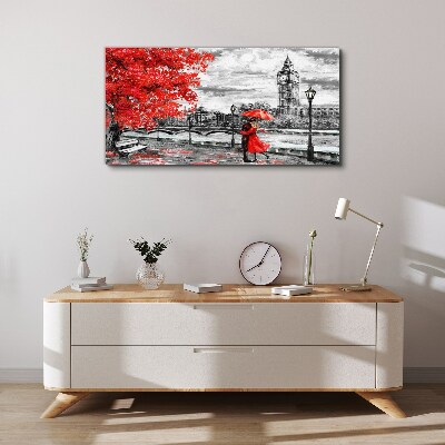 Tableau toile imprimée Parapluie rouge sous la pluie à Londres