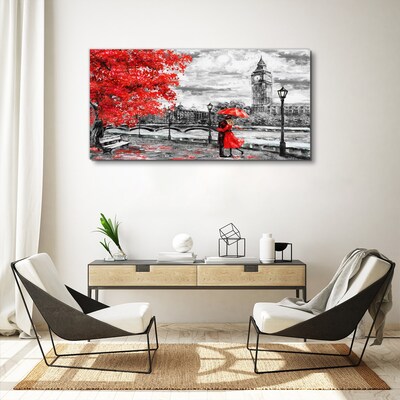 Tableau toile imprimée Parapluie rouge sous la pluie à Londres