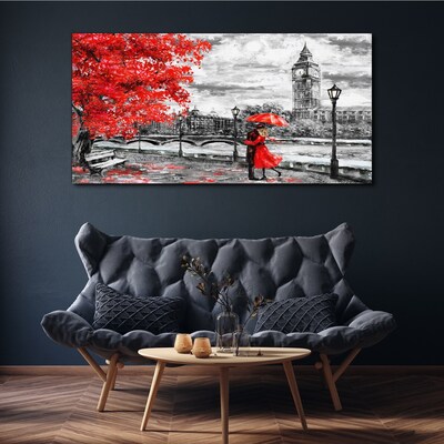 Tableau toile imprimée Parapluie rouge sous la pluie à Londres