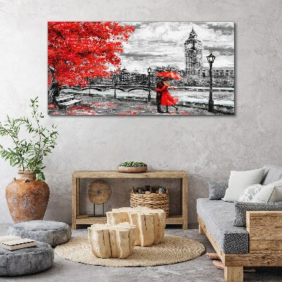 Tableau toile imprimée Parapluie rouge sous la pluie à Londres