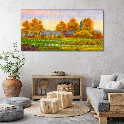 Tableau sur toile Village d'automne avec un verger et des meules de foin