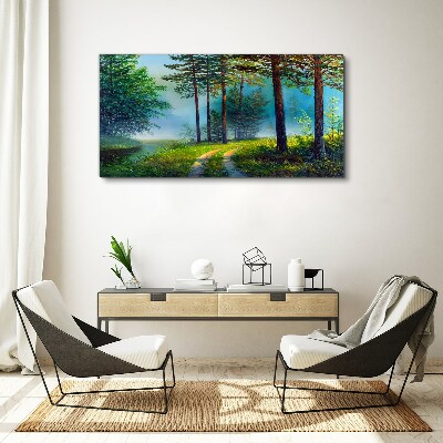 Tableau toile imprimée Chemin forestier dans le brouillard matinal