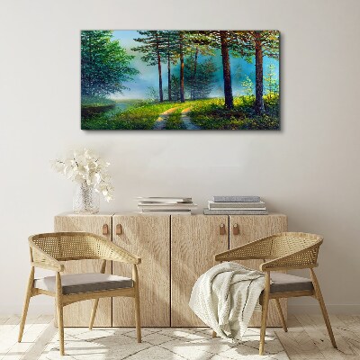 Tableau toile imprimée Chemin forestier dans le brouillard matinal