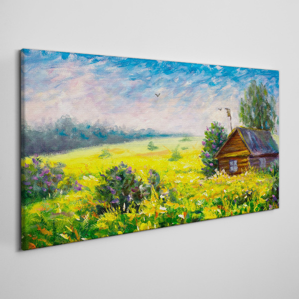 Tableau imprimé sur toile Paysages d'été avec un chalet dans le champ