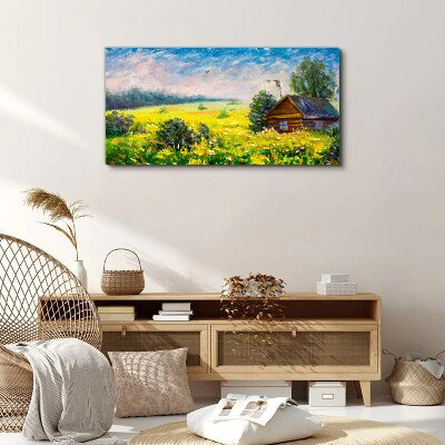 Tableau imprimé sur toile Paysages d'été avec un chalet dans le champ