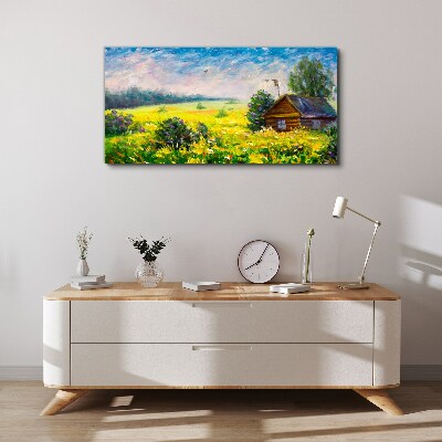 Tableau imprimé sur toile Paysages d'été avec un chalet dans le champ