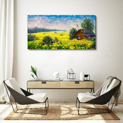 Tableau imprimé sur toile Paysages d'été avec un chalet dans le champ