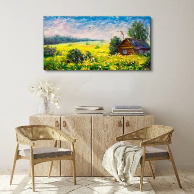 Tableau imprimé sur toile Paysages d'été avec un chalet dans le champ