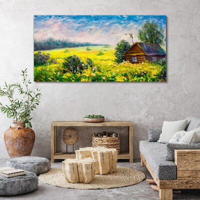 Tableau imprimé sur toile Paysages d'été avec un chalet dans le champ