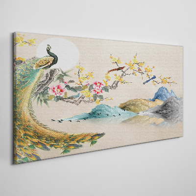 Tableau imprimé sur toile Paon dans un paysage fleuri