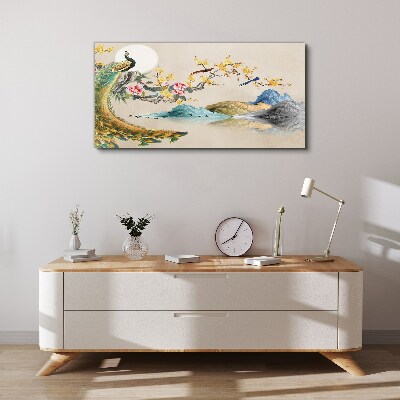 Tableau imprimé sur toile Paon dans un paysage fleuri