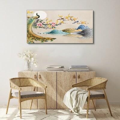 Tableau imprimé sur toile Paon dans un paysage fleuri