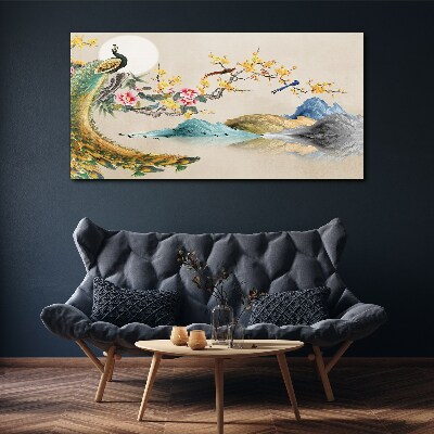 Tableau imprimé sur toile Paon dans un paysage fleuri