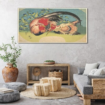Tableau imprimé sur toile Coq et poulet dans le jardin