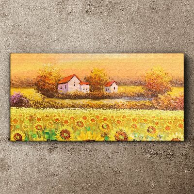 Tableau toile imprimée Champs de tournesols et maisons de campagne