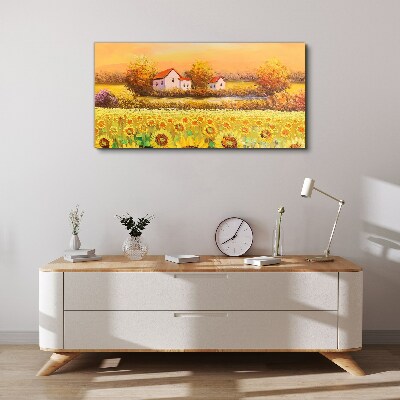Tableau toile imprimée Champs de tournesols et maisons de campagne