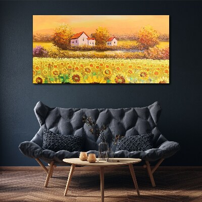 Tableau toile imprimée Champs de tournesols et maisons de campagne
