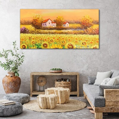 Tableau toile imprimée Champs de tournesols et maisons de campagne