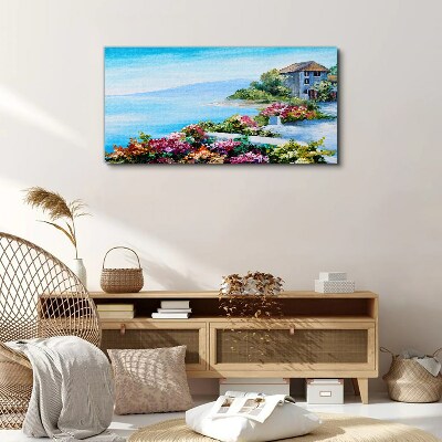 Tableau sur toile Paysage de bord de mer avec des fleurs