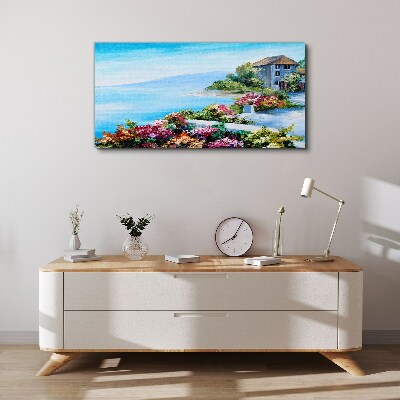 Tableau sur toile Paysage de bord de mer avec des fleurs