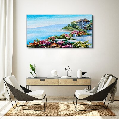 Tableau sur toile Paysage de bord de mer avec des fleurs