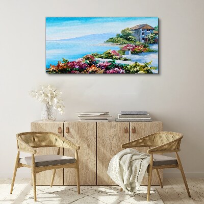 Tableau sur toile Paysage de bord de mer avec des fleurs