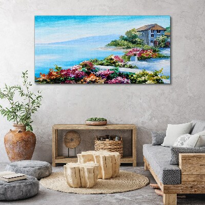 Tableau sur toile Paysage de bord de mer avec des fleurs