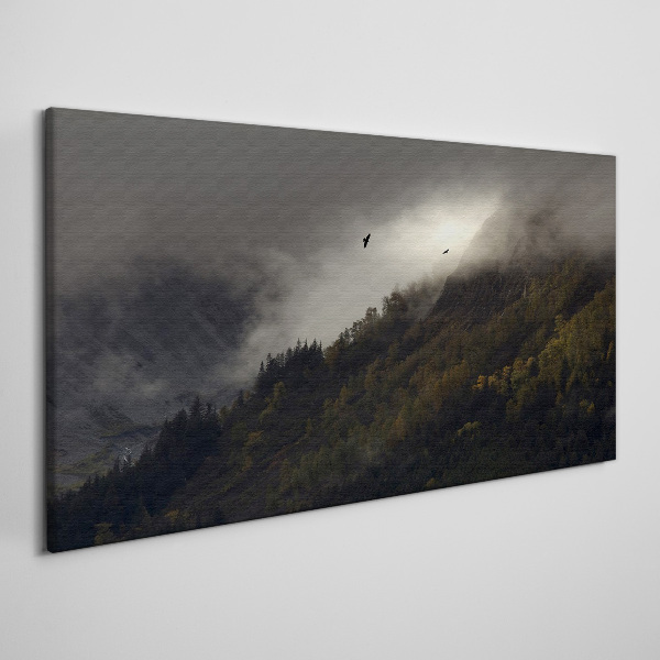 Tableau sur toile Panorama de montagne brumeux avec des oiseaux