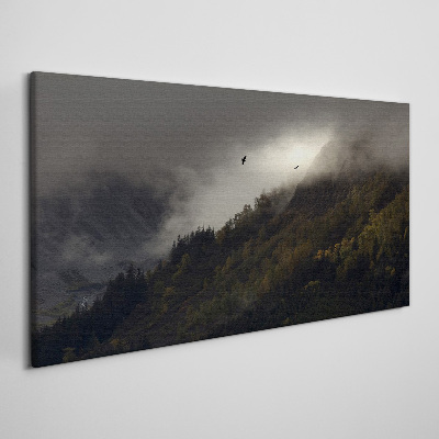 Tableau sur toile Panorama de montagne brumeux avec des oiseaux