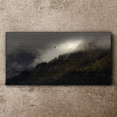 Tableau sur toile Panorama de montagne brumeux avec des oiseaux