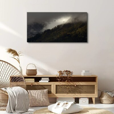 Tableau sur toile Panorama de montagne brumeux avec des oiseaux