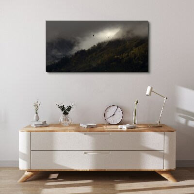 Tableau sur toile Panorama de montagne brumeux avec des oiseaux