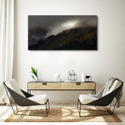 Tableau sur toile Panorama de montagne brumeux avec des oiseaux