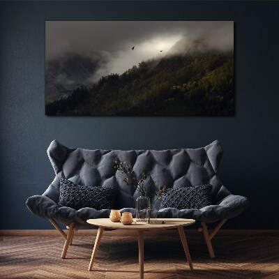 Tableau sur toile Panorama de montagne brumeux avec des oiseaux