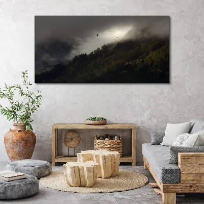 Tableau sur toile Panorama de montagne brumeux avec des oiseaux