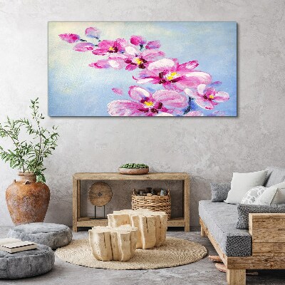 Tableau sur toile Orchidées roses sur fond bleu