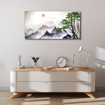 Tableau toile imprimée Montagnes et oiseaux dans la lumière du matin
