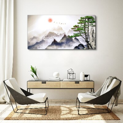 Tableau toile imprimée Montagnes et oiseaux dans la lumière du matin