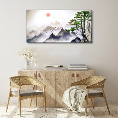 Tableau toile imprimée Montagnes et oiseaux dans la lumière du matin