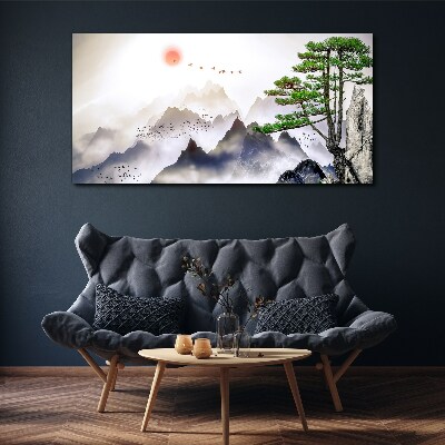 Tableau toile imprimée Montagnes et oiseaux dans la lumière du matin