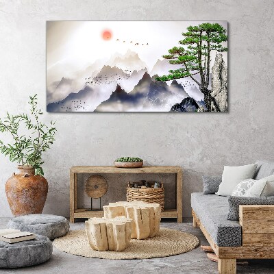 Tableau toile imprimée Montagnes et oiseaux dans la lumière du matin