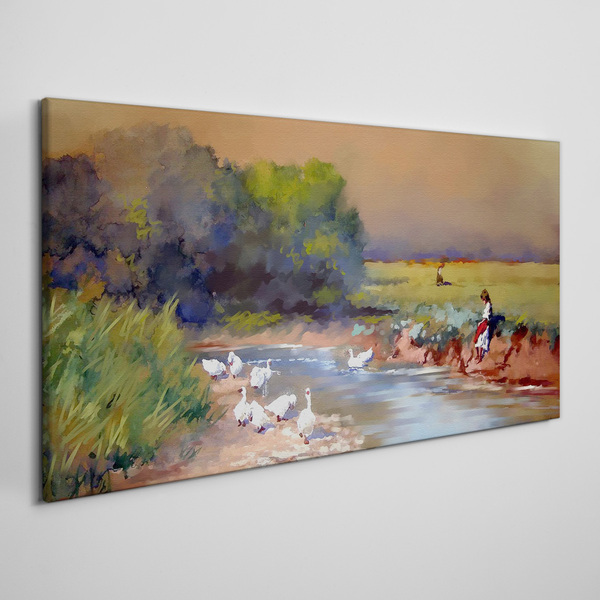 Tableau sur toile Un paysage paisible avec des canards au bord de la rivière