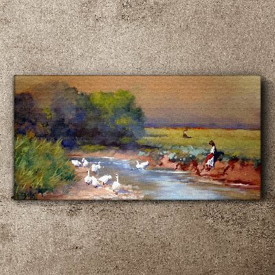 Tableau sur toile Un paysage paisible avec des canards au bord de la rivière