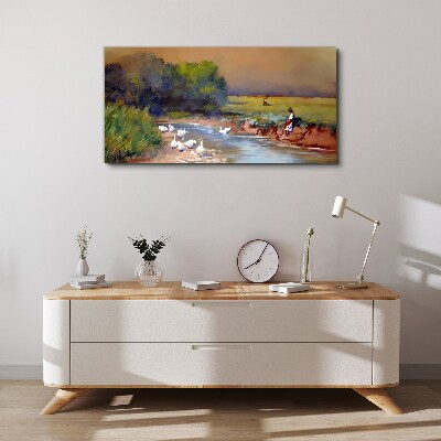 Tableau sur toile Un paysage paisible avec des canards au bord de la rivière